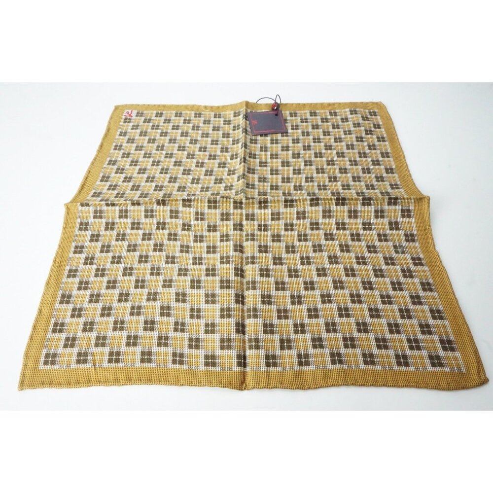 Isaia Gold Brown Geometric Plaid Cotton Silk Pocket Square Italy New
